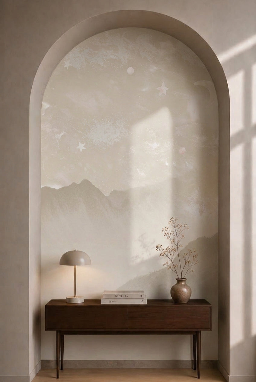 Behang Desert Animals Taupe Background op de muur van een babykamer, sfeerfoto