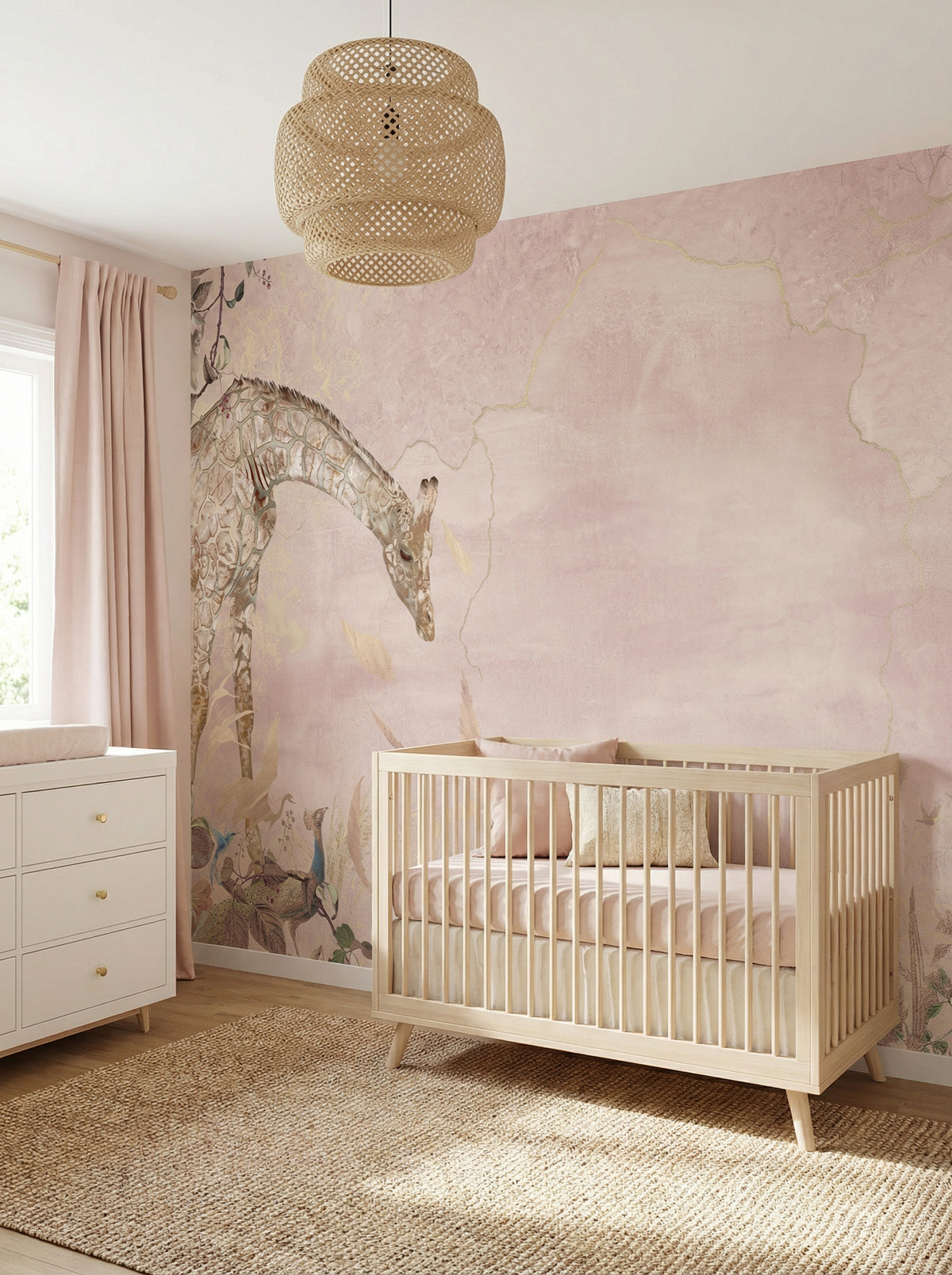 Behang Giraffe Roze op de muur van een babykamer, sfeerfoto