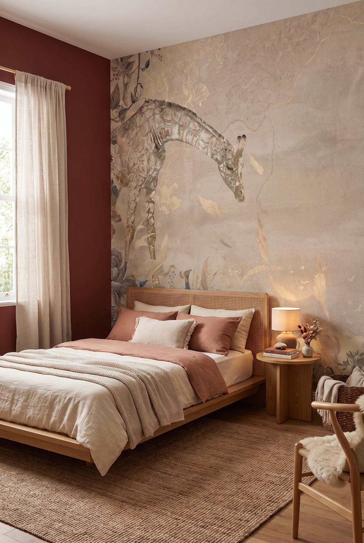 Behang Giraffe Beige op de muur van een babykamer, sfeerfoto