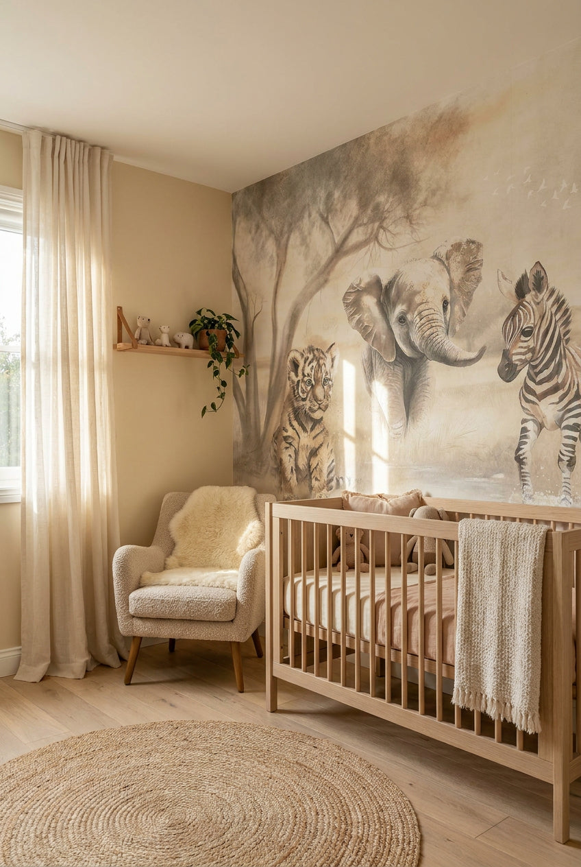 Behang Safari op de muur van een babykamer, sfeerfoto