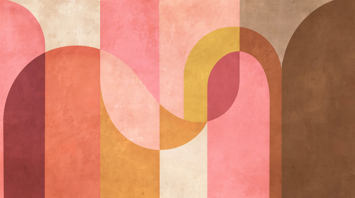 Dessin van behang Color Crush: bogen en vlakken in roze, terracotta, oker en bruin