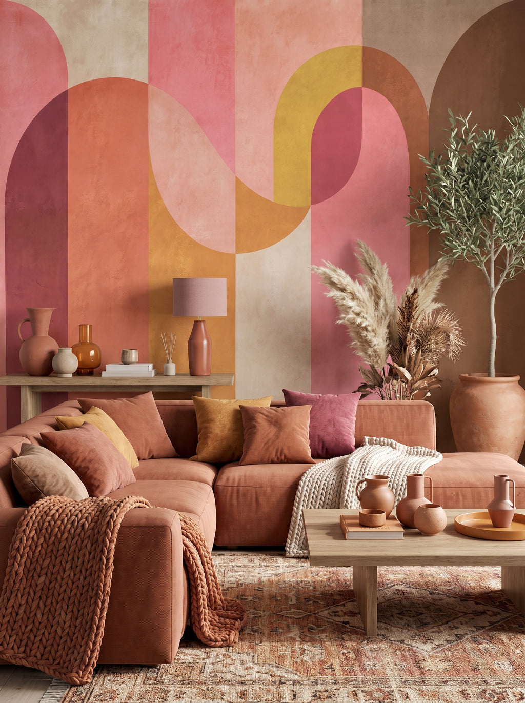 Behang Color Crush in een woonkamer, bogen en vlakken in roze, terracotta, oker en bruin