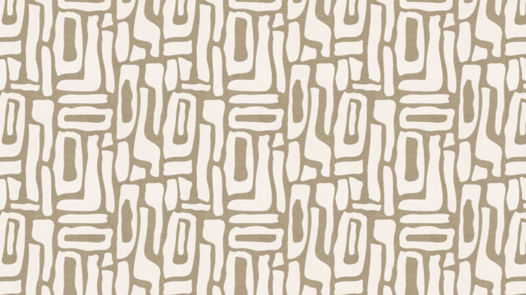 Dessin van behang Earth Whisper: grafisch patroon van organische blokvormen in taupe en gebroken wit