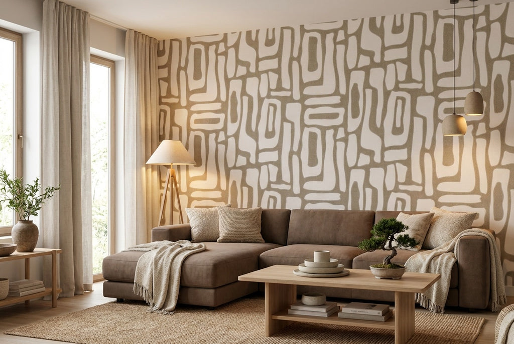 Behang Earth Whisper in een woonkamer, grafisch patroon van organische blokvormen in taupe en gebroken wit
