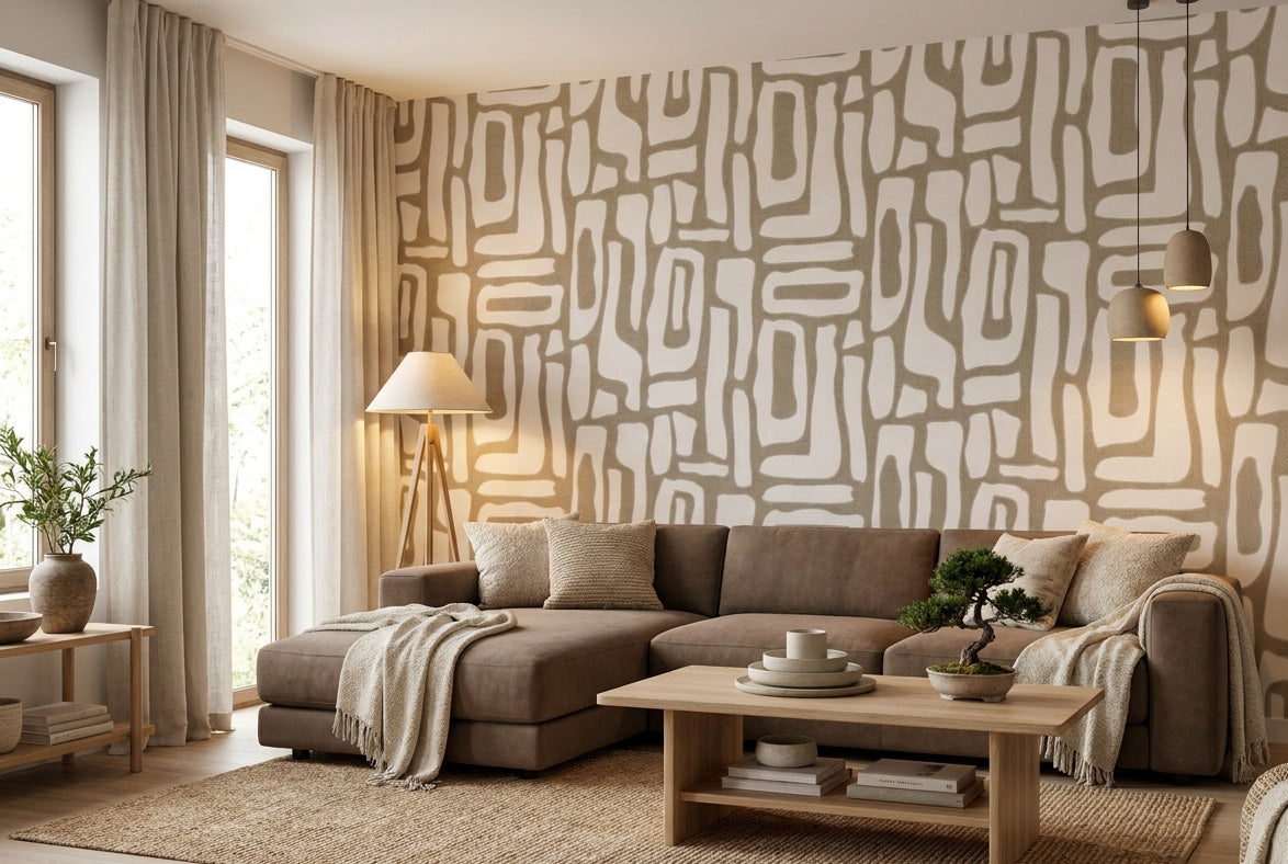 Behang Earth Whisper in een woonkamer, grafisch patroon van organische blokvormen in taupe en gebroken wit