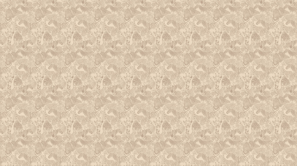 Dessin van behang Zebra Safari Taupe: toon-op-toon patroon van zebra's, giraffen en luipaarden in taupe
