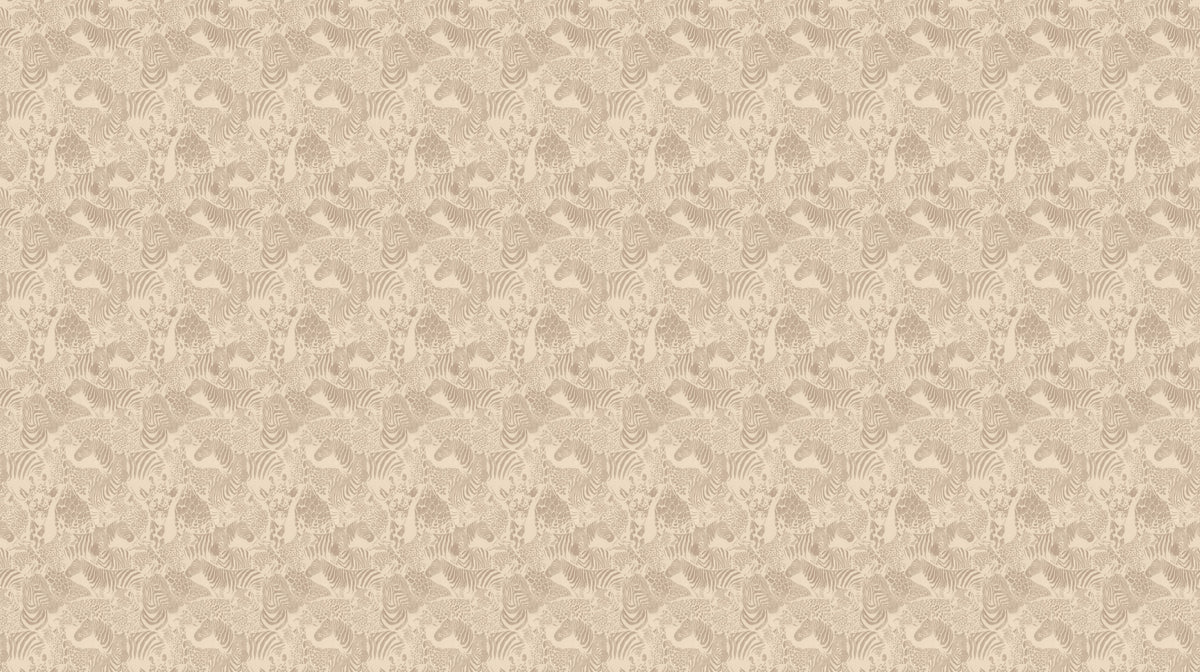 Dessin van behang Zebra Safari Taupe: toon-op-toon patroon van zebra's, giraffen en luipaarden in taupe