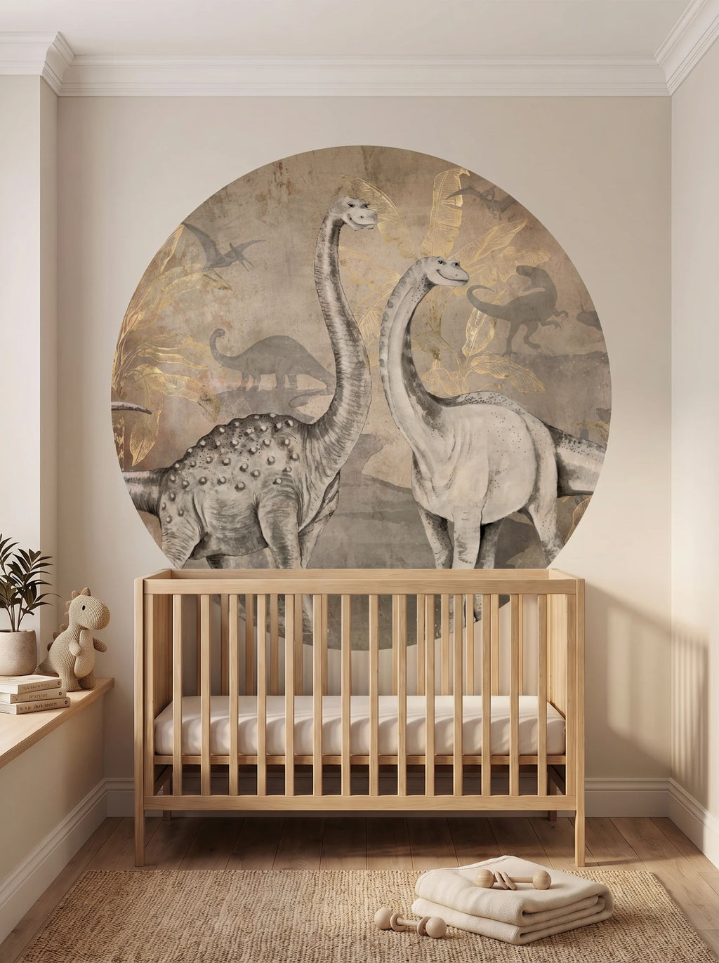Behangcirkel Dino op de muur van een babykamer, sfeerfoto
