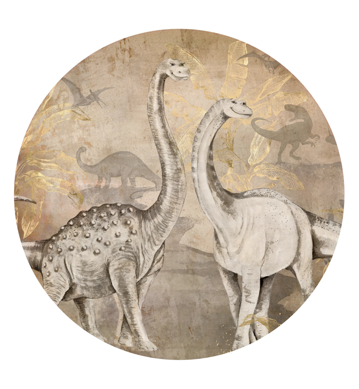 Behangcirkel Dino: twee langnek-dinosaurussen als vintage prent in sepia en goud