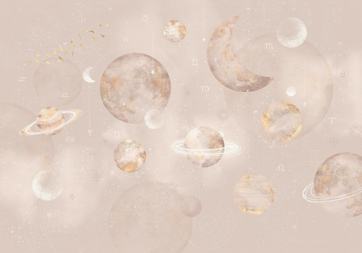Behang Pastel Planets Roze: zachte planeten en manen in pasteltinten